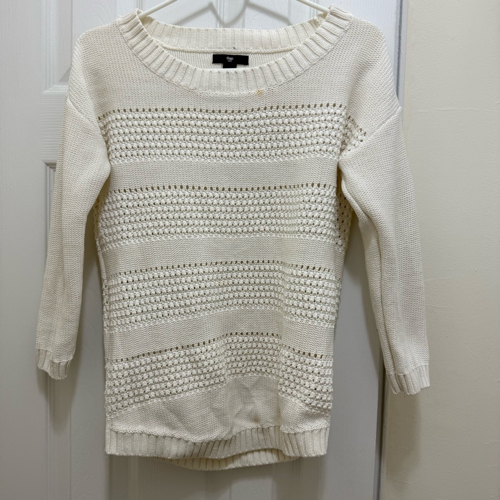 GAP Women White Knit Crochet Pattern 100% cotton Sweater Size XS